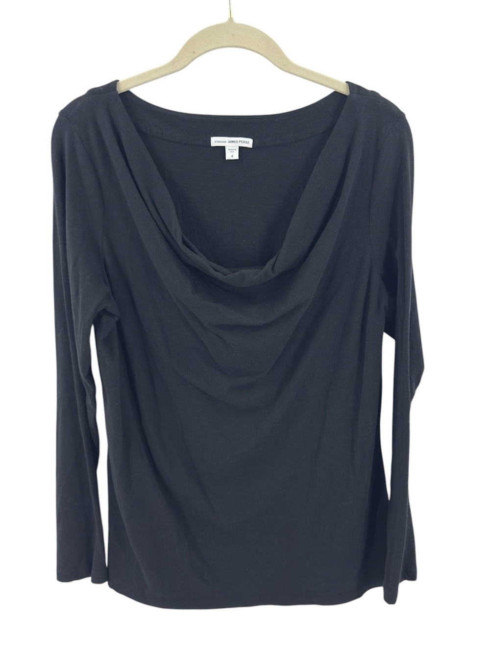 James Perse Drape Neck Long Sleeve Black Top Size 4 / XL Stretch Cotton Capsule